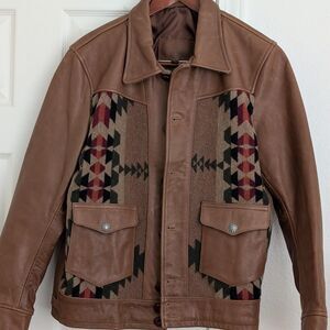 Tan Leather Jacket with Aztec Wool Paneling -- Men's S